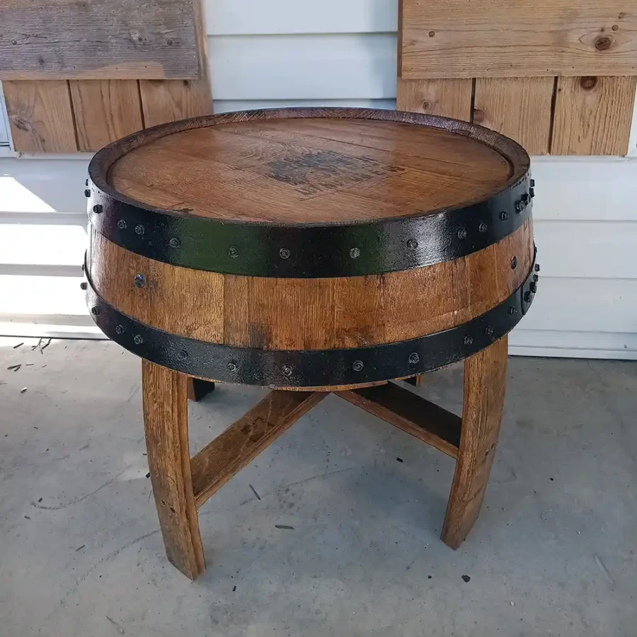 Barrel end table with chestnut stain and black metal rings