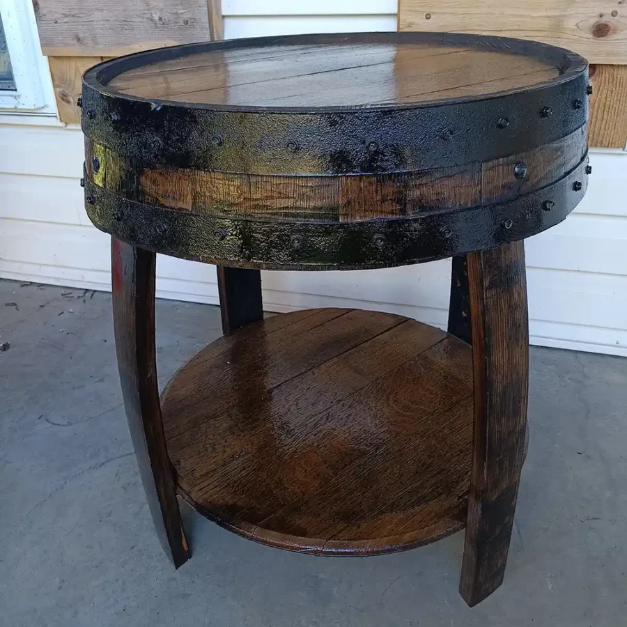 Rustic wooden barrel end table with metal accents