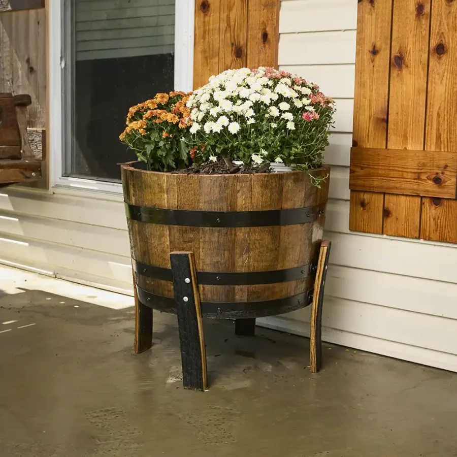 shorter elevated planter with flowers blooming