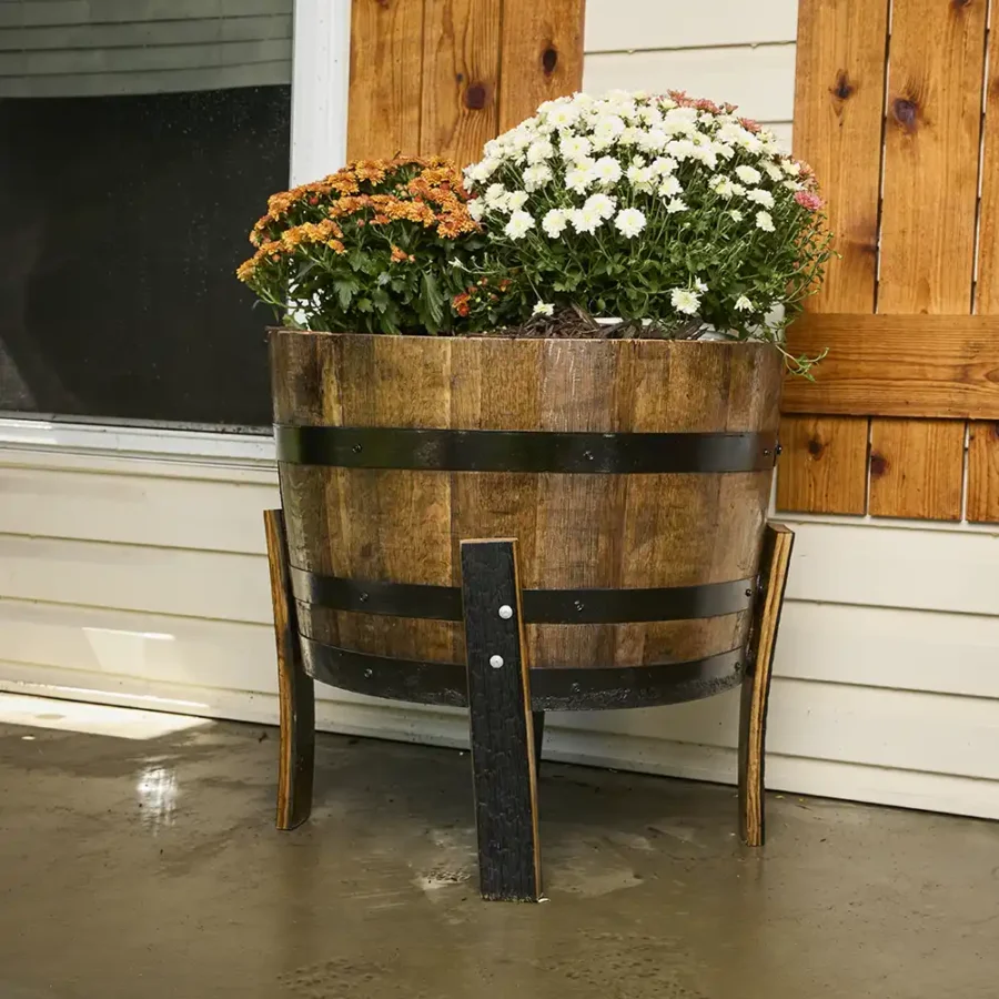 Barrel planter elevated slightly with barrel staves as legs