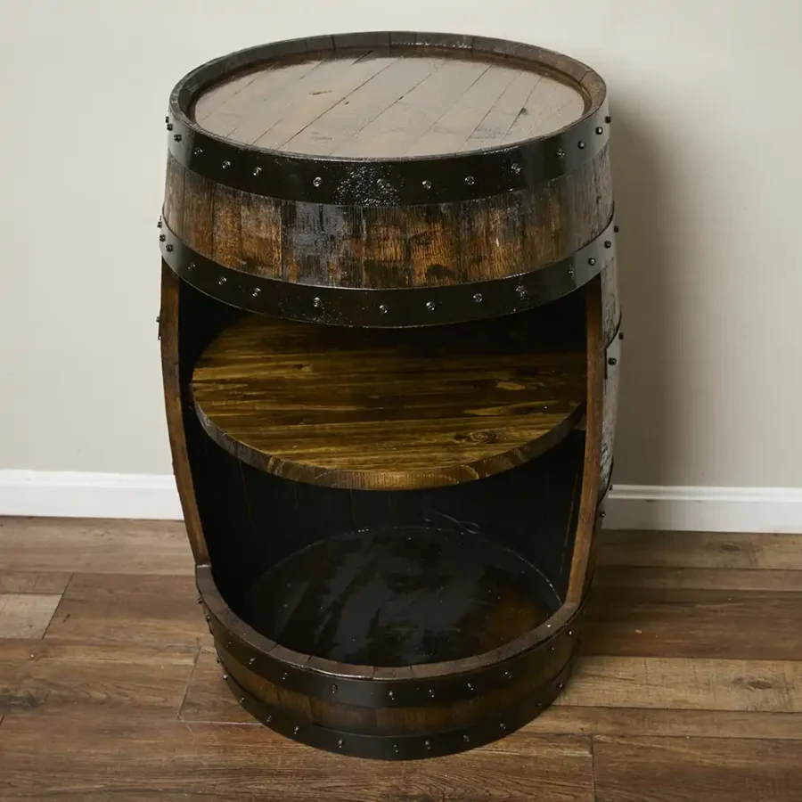 whiskey barrel cabinet with dark stain and lazy susan middle shelf