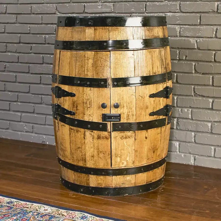 whiskey barrel cabinet with doors closed