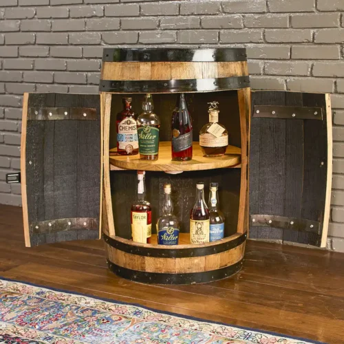 Whiskey barrel cabinet with doors, lights, and 2 rotating shelves. Metal rings painted black to match hardware