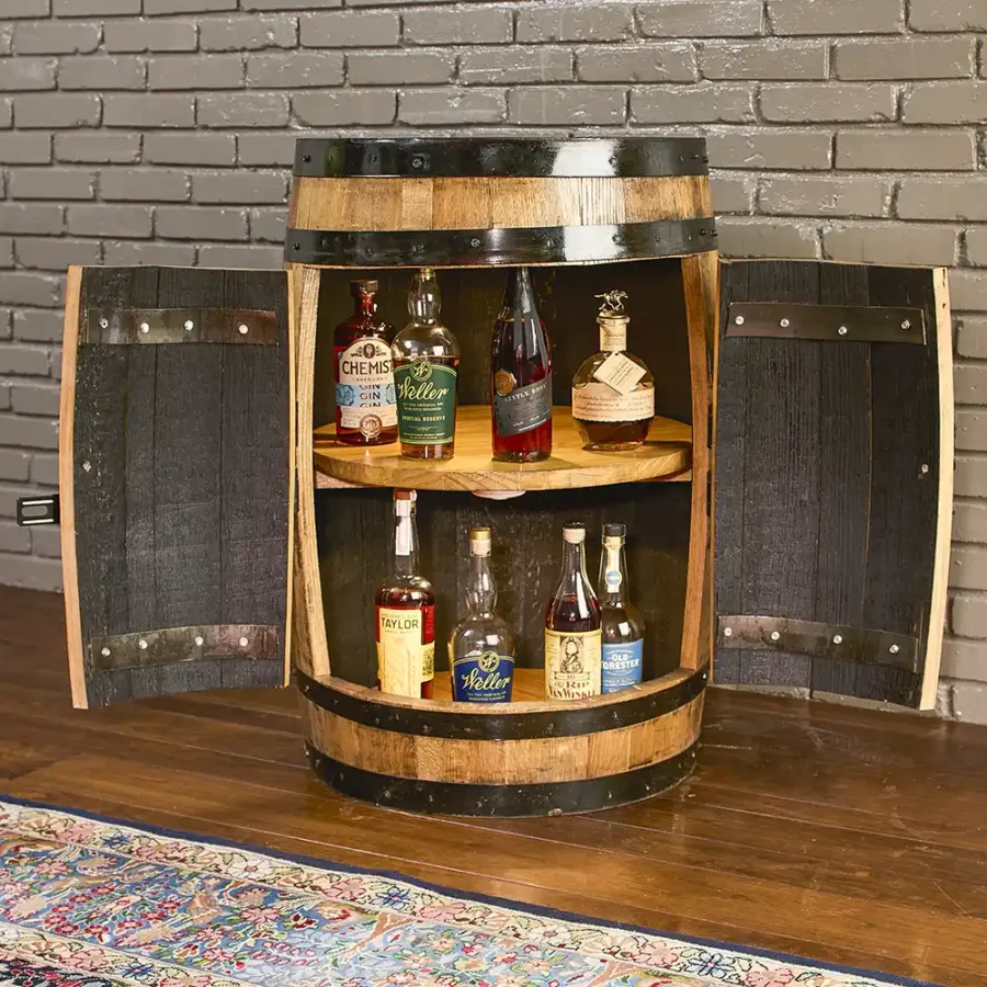 Whiskey barrel cabinet with doors, lights, and 2 rotating shelves. Metal rings painted black to match hardware