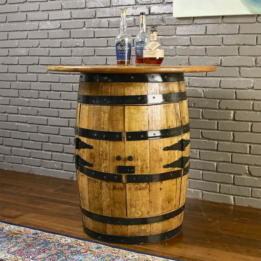 whiskey barrel cabinet with doors and a solid oak round table. Metal rings painted black to match hardware