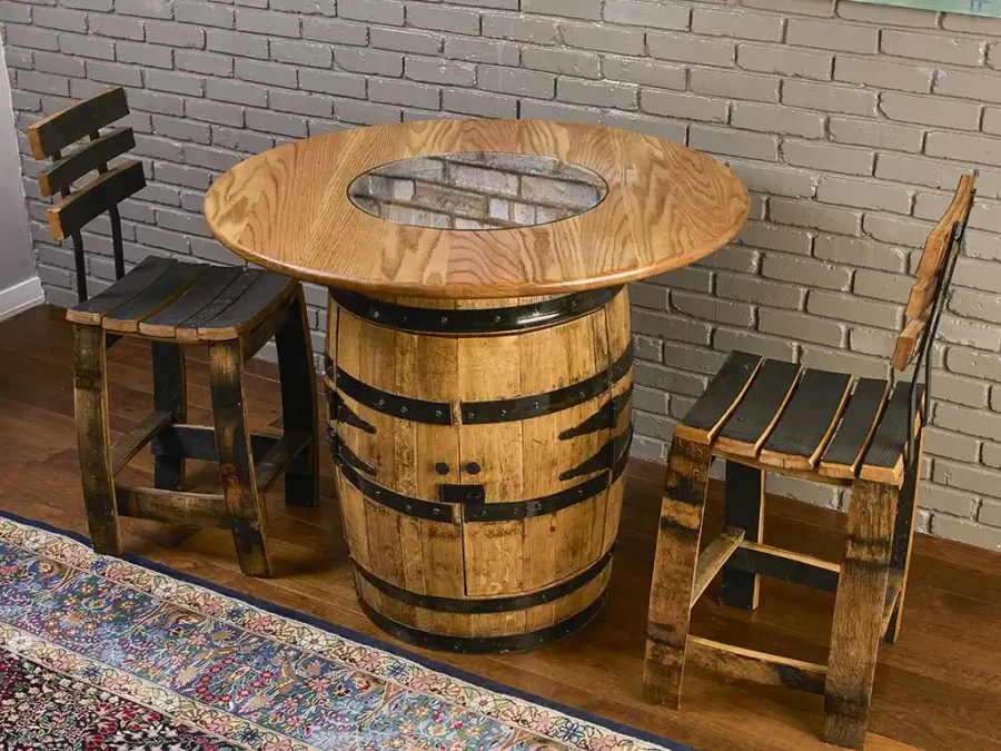 Bourbon Whiskey barrel cabinet with doors and a solid oak tabletop and glass insert. 2 barrel stave chairs with backrest