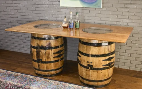 whiskey barrel table with doors closed on both cabinets. Handmade solid oak top with glass inserts to see the distillery stamp on the barrel lid