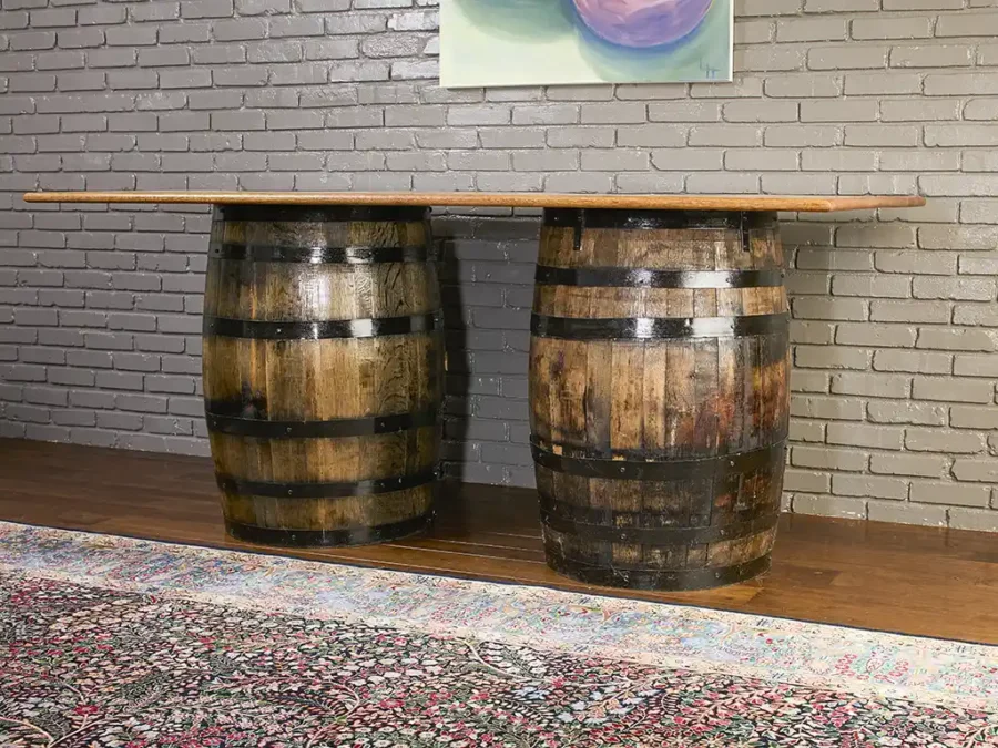 Handmade whiskey barrels table with a solid oak top