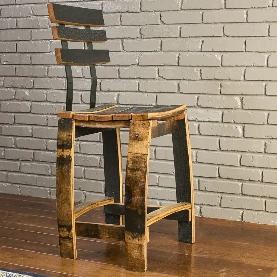 whiskey barrel stave stool with backrest. 24 inch seat height. 30 inch seat height also available.