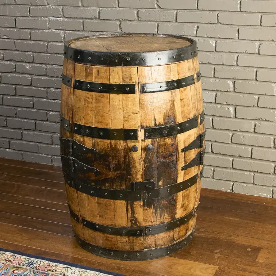 Bourbon Whiskey barrel cabinet with tall doors closed. Metal rings painted black to match hardware