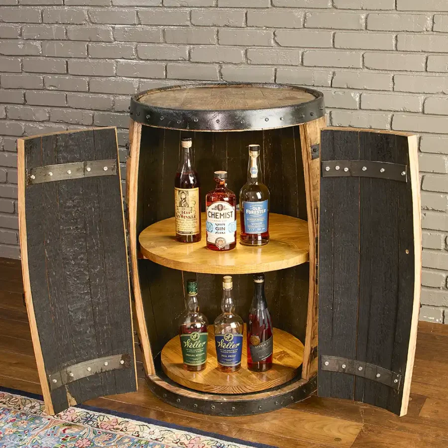 Bourbon Whiskey barrel bar with doors, lights, and 2 lazy susans.