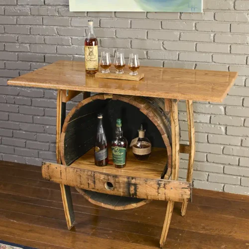 half whiskey barrel bar table with solid oak top and oak shelf inside the barrel holding bourbon bottles.