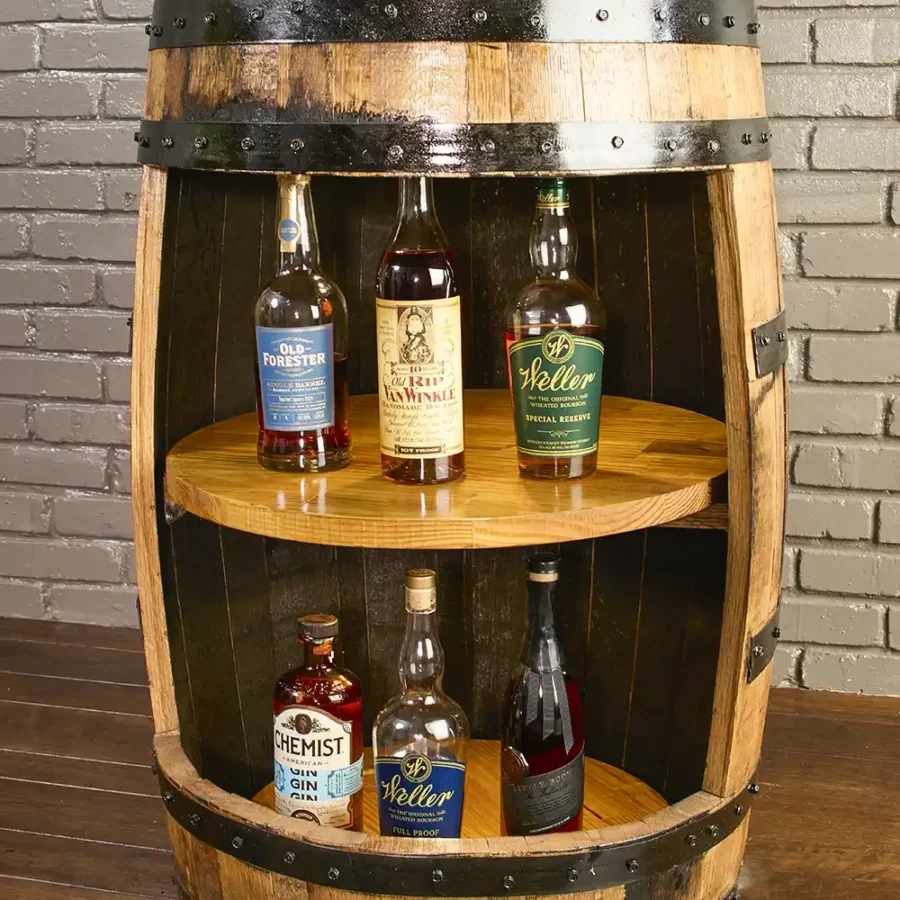 Whiskey barrel cabinet with 2 lazy susans and lights