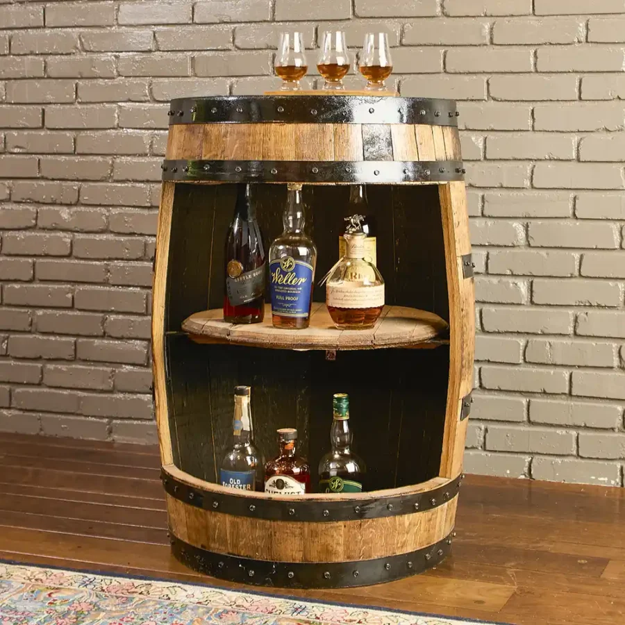 Whiskey barrel cabinet with barrel lid shelf and lights