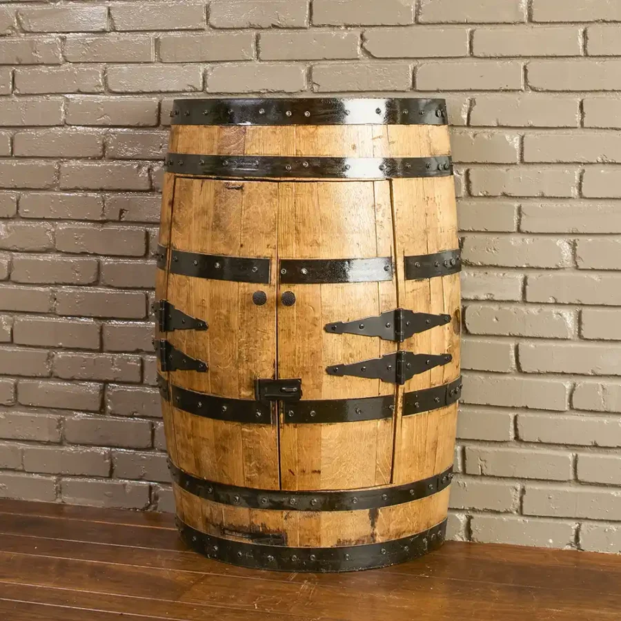 Half barrel cabinet with doors closed with safety hasp so doors can be locked