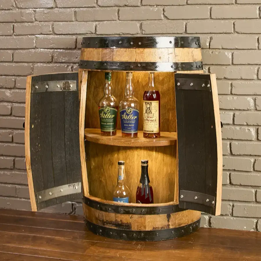 half whiskey barrel bar with doors