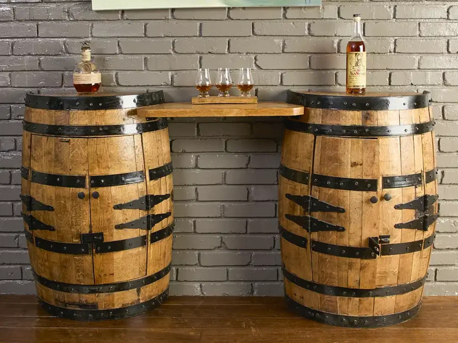 bourbon barrel console table with doors and lights. Metal rings painted black to match the hardware