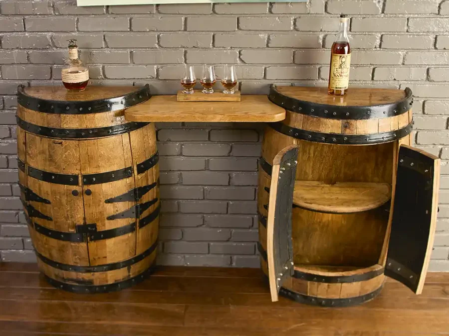 Bourbon whiskey barrel sofa table with 2 half barrel cabinets with doors and solid oak tabletop between the barrels