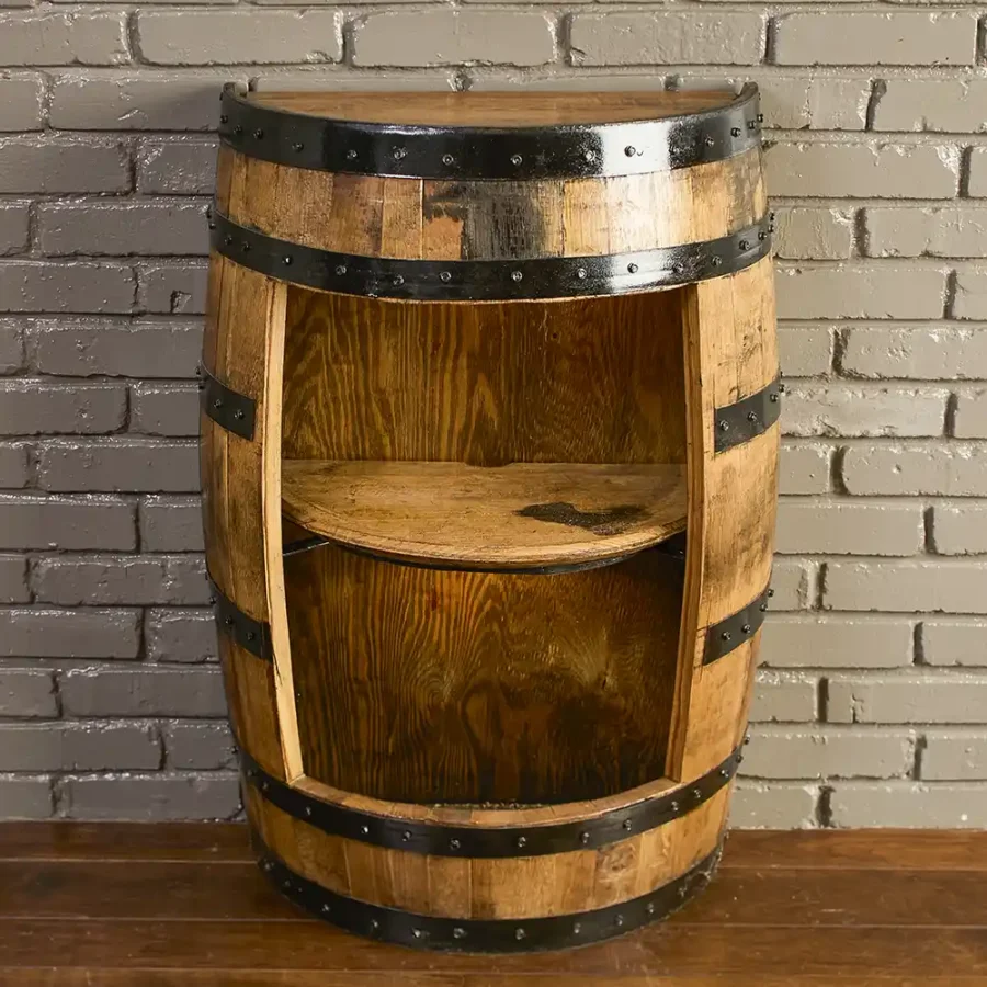 empty half bourbon whiskey barrel cabinet with lights