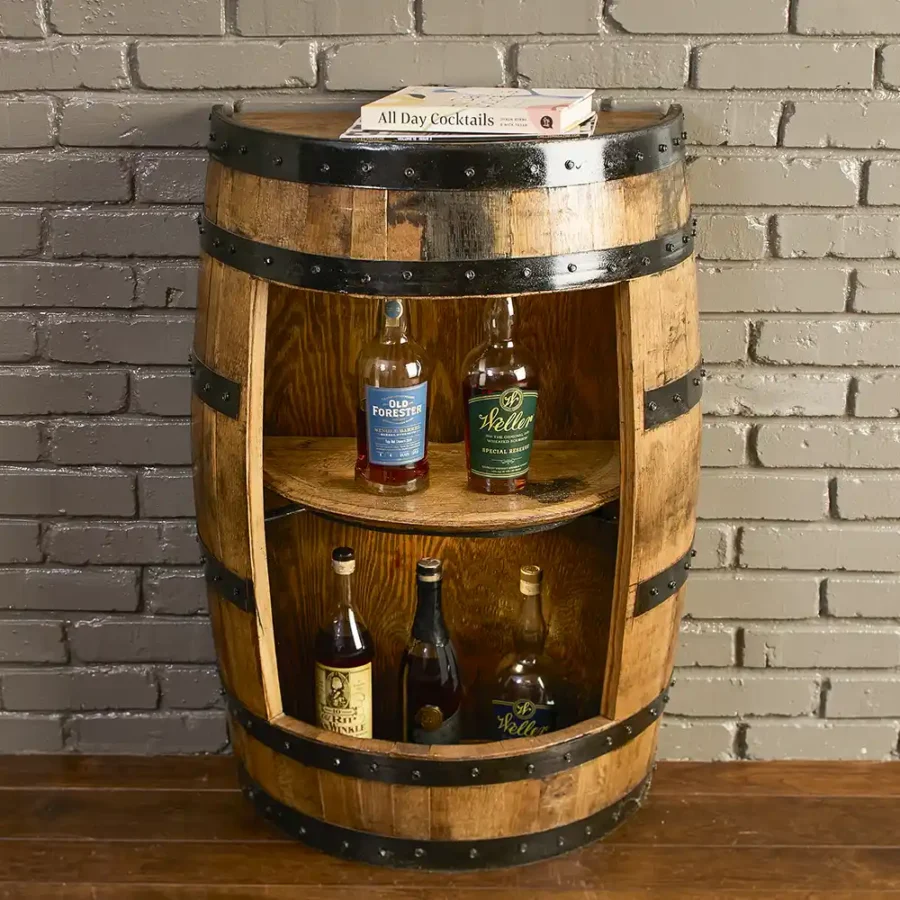 half whiskey barrel cabinet with no door with barrel lid shelf