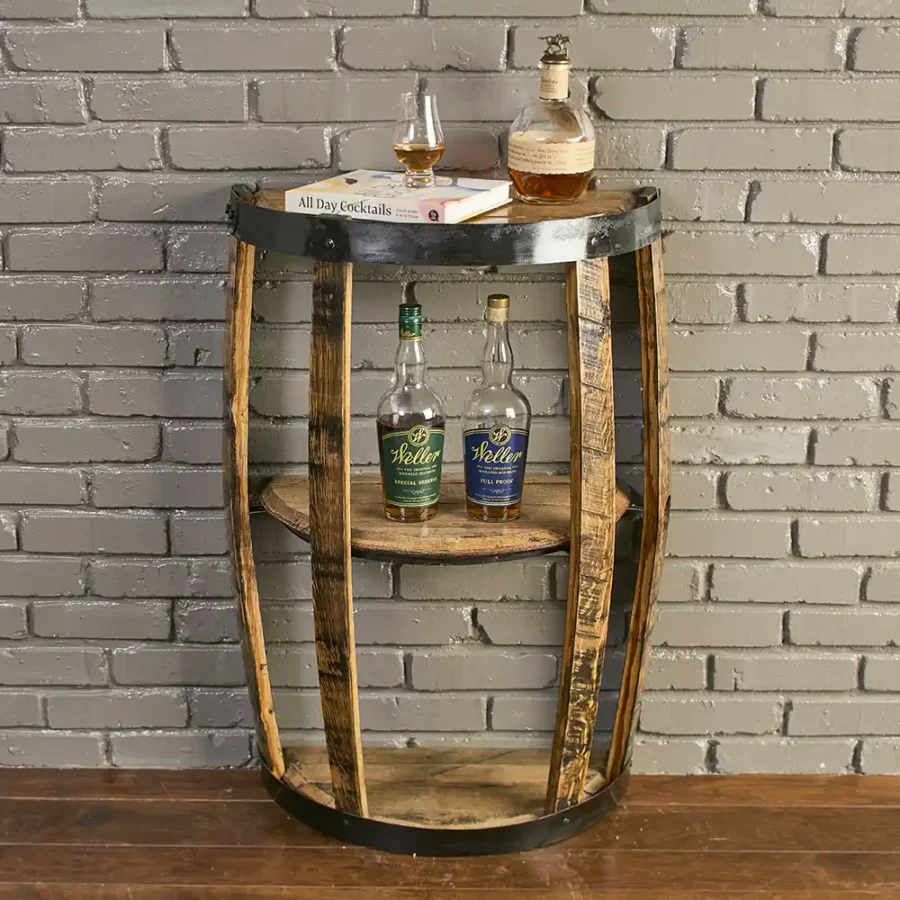 3 shelf Whiskey barrel end table handmade from authentic barrel staves, heads, and metal rings.