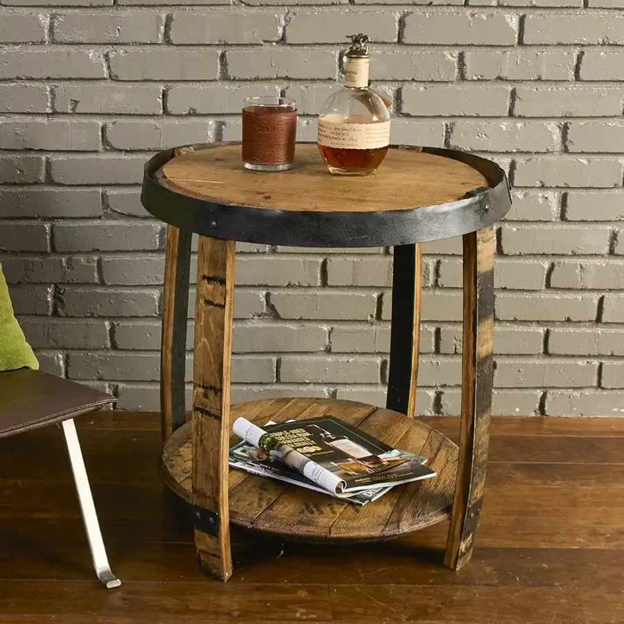Bourbon whiskey barrel end table using barrel heads, staves, and metal hoops