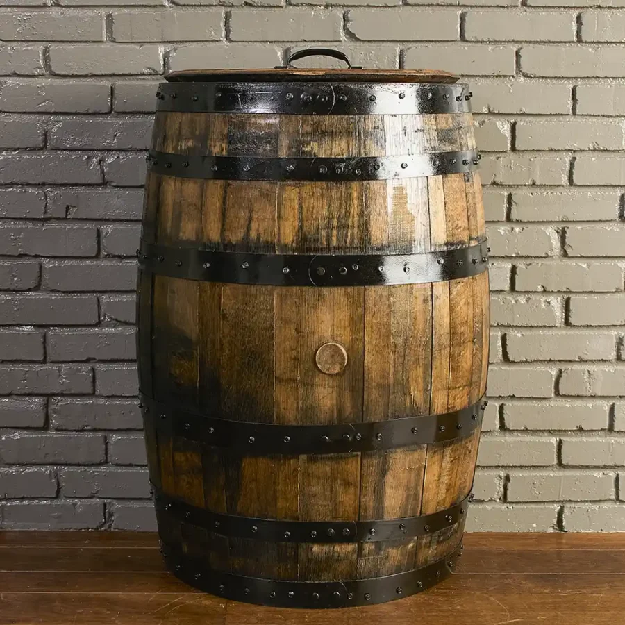 Half whiskey barrel trash can cover with the lid closed