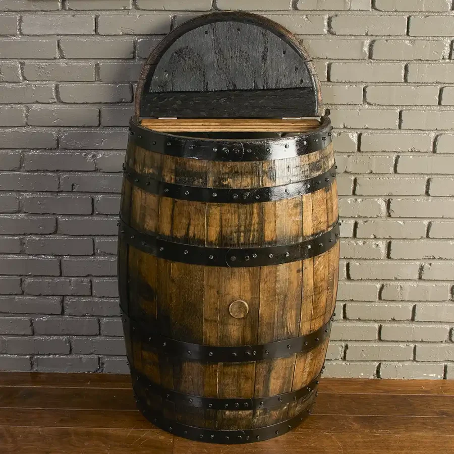 Half bourbon barrel trash can cover with the lid open