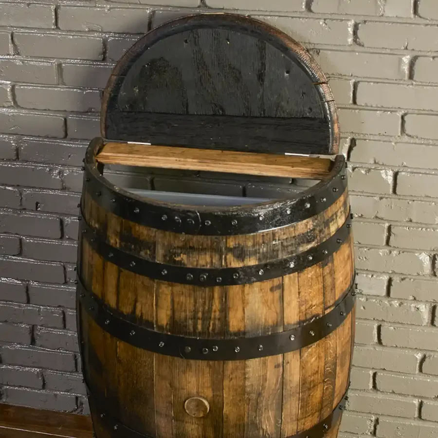 Half whiskey barrel trash can cover with lid open