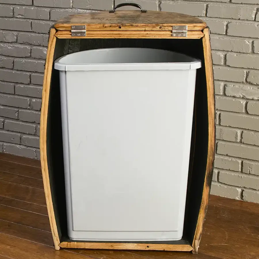 Back side of Half barrel trash can cover with plastic liner