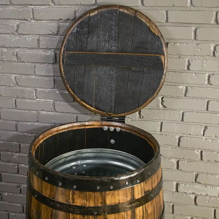 Bourbon Whiskey barrel trash can cover with lid open showing metal trash can inside