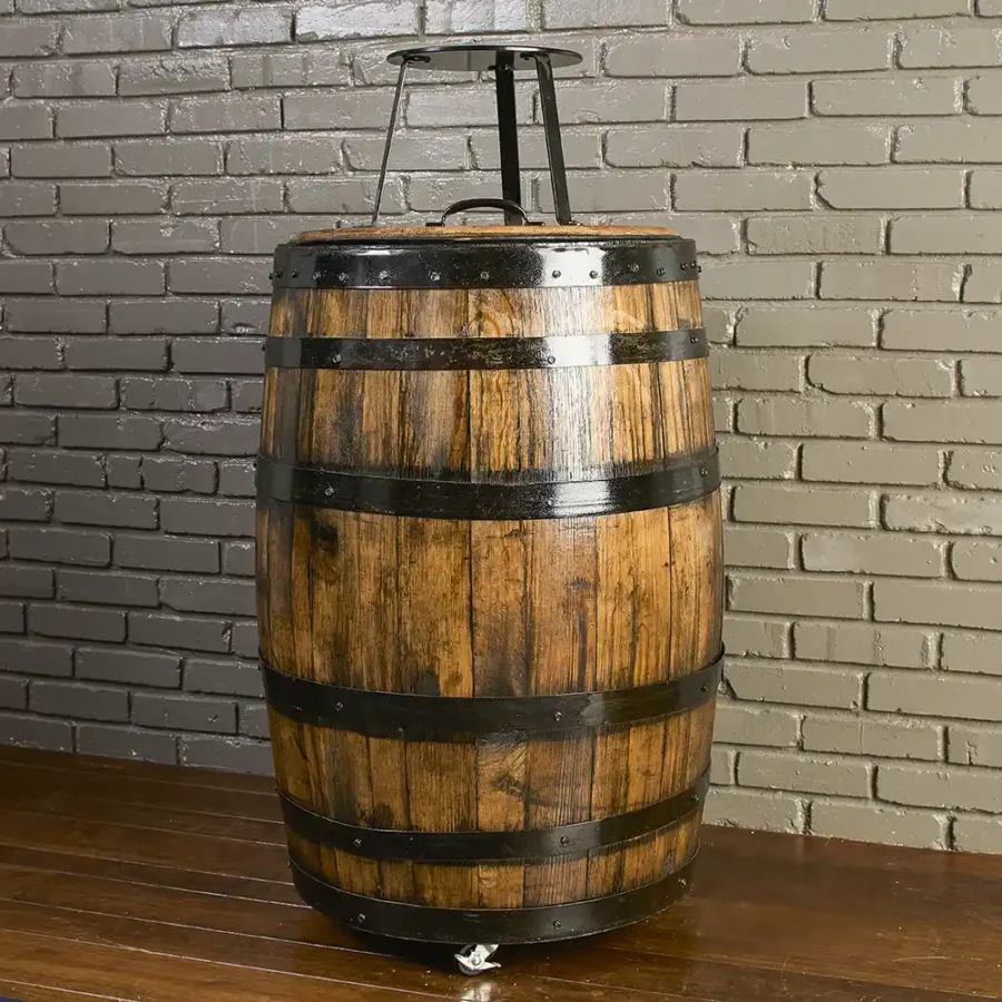 whiskey barrel trash can cover with wheels and rain bonnet