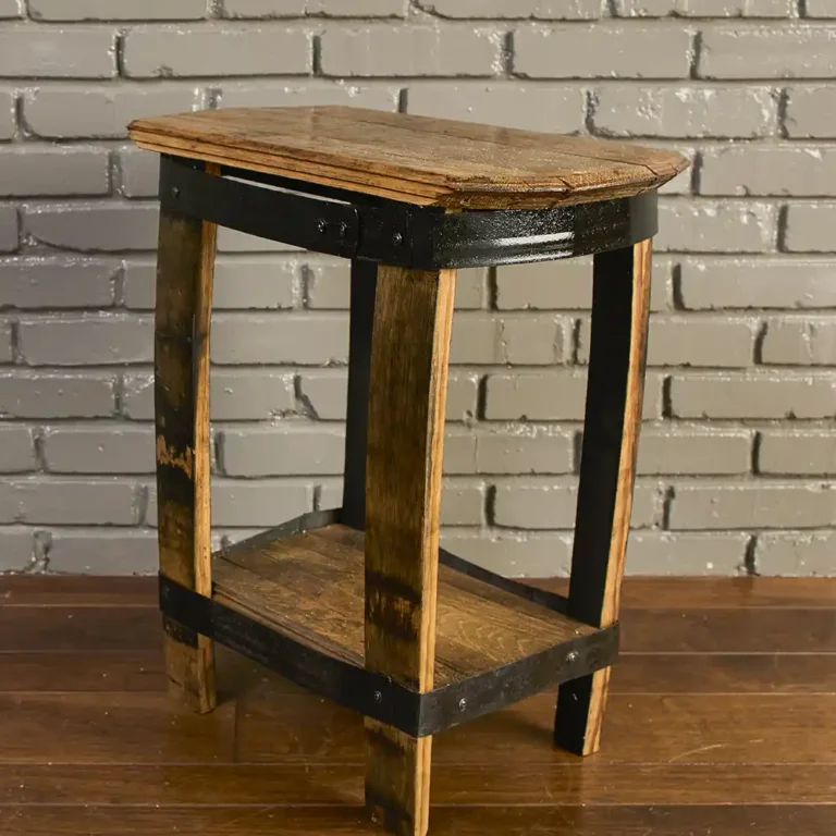 whiskey barrel end table with a lower shelf. Accented by authentic barrel rings that are painted black