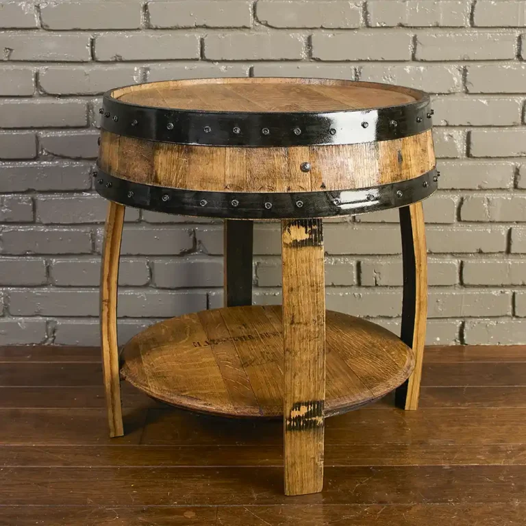 Whiskey barrel end table with shelf. Metal rings painted black.