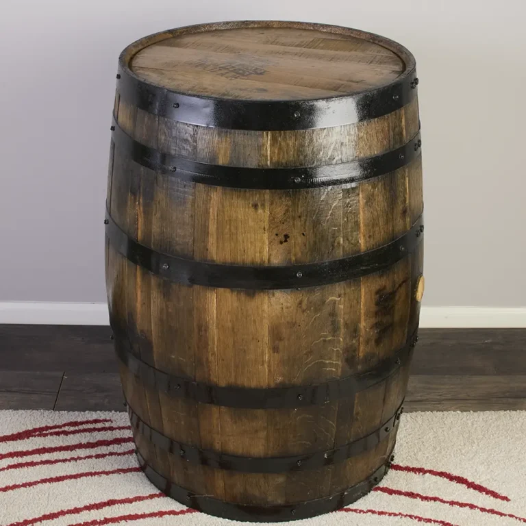Refurbished bourbon barrel with black metal rings