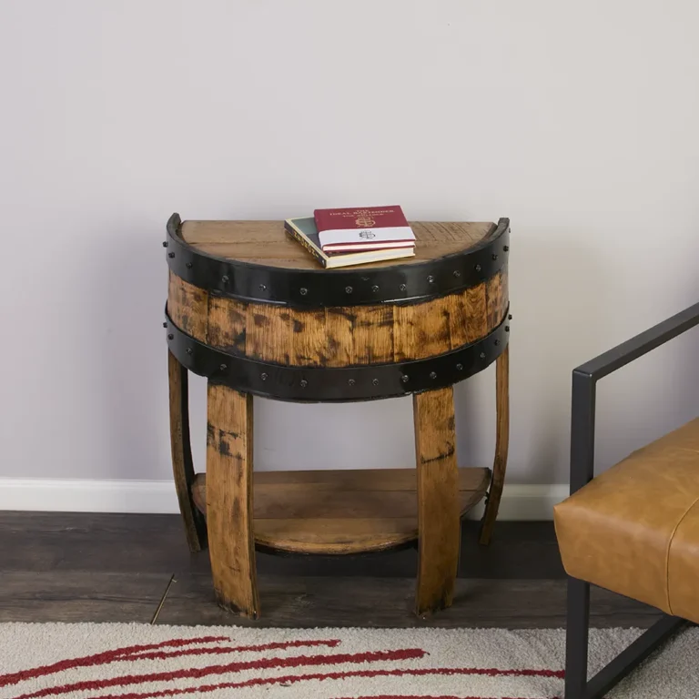 Half barrel end table with lower shelf. rings painted black to accent the barrel