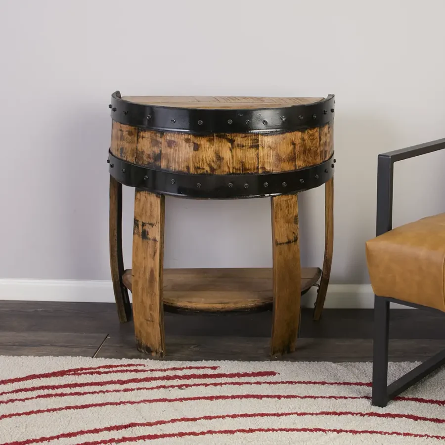 Half barrel end table with lower shelf. rings painted black to accent the barrel