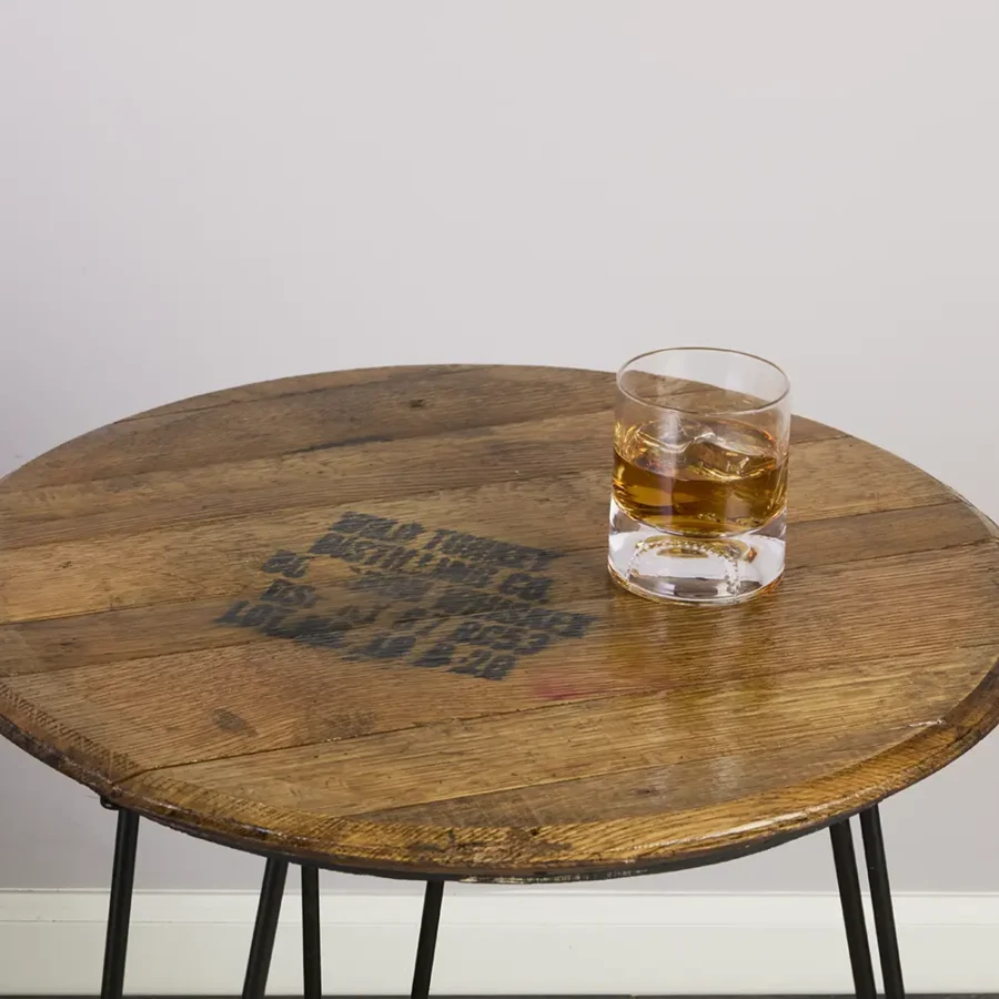 close up of the barrel head end table featuring a Wild Turkey stamp