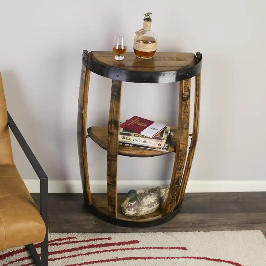 3-shelf end table handmade from authentic whiskey barrel staves and lids. Metal rings painted black to accent the item
