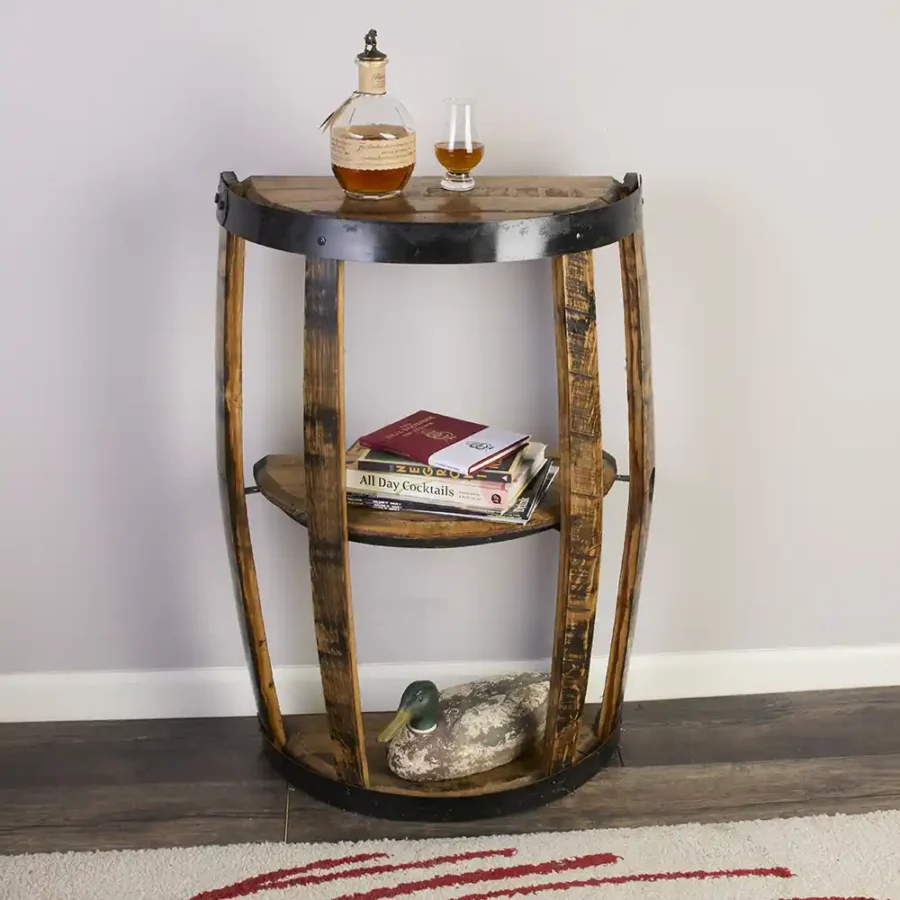 3 shelf whiskey barrel end table handcrafted from authentic barrel staves, heads, and rings.