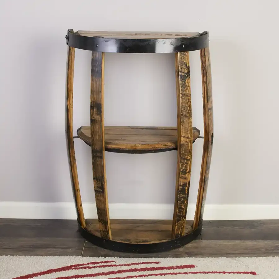 whiskey barrel end table made from full length barrel stave, half lids, and metal hoops.