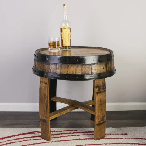 Whiskey barrel end table with staves between the legs for support