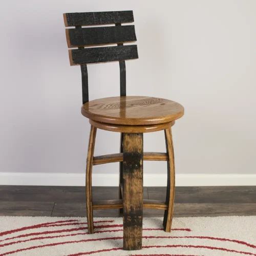 front view of barrel swivel chair with oak seat and metal backrest