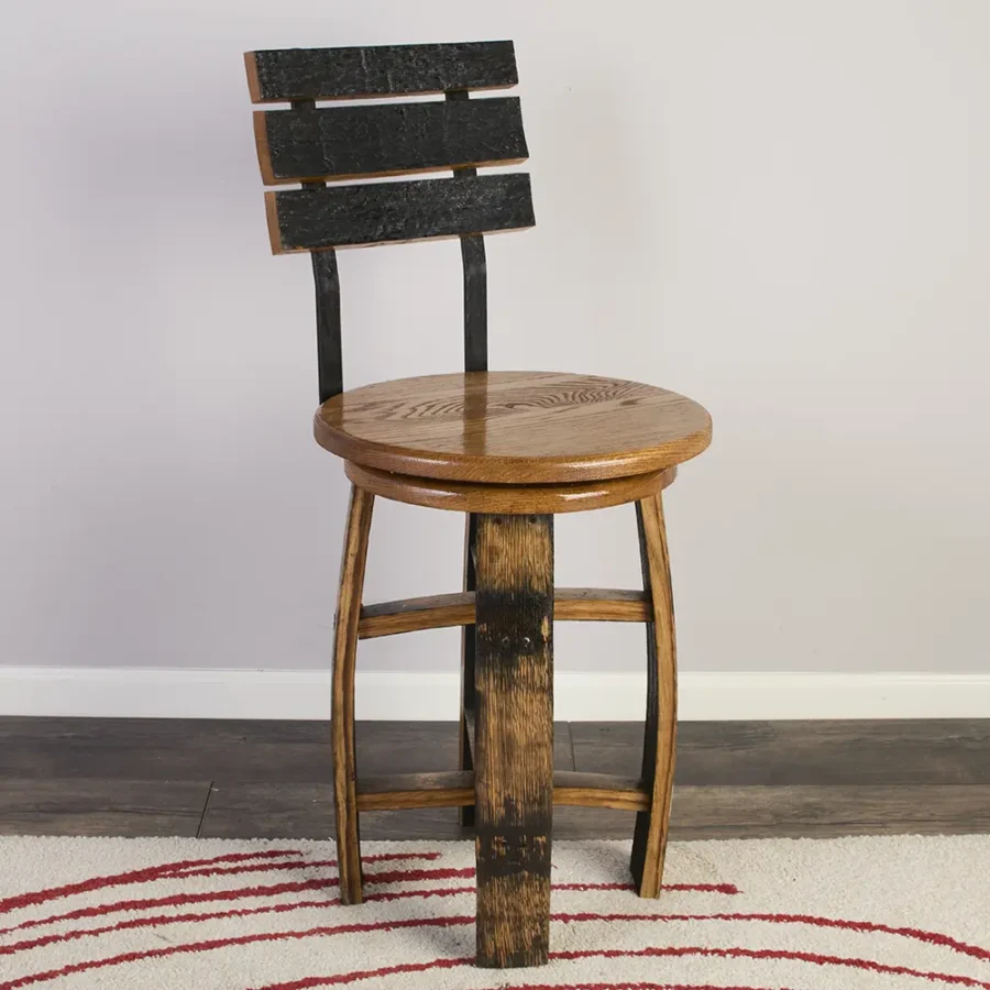 front view of barrel swivel chair with oak seat and metal backrest