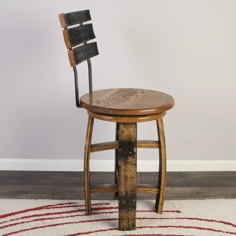 side view of whiskey barrel swivel chair with oak seat and metal backrest
