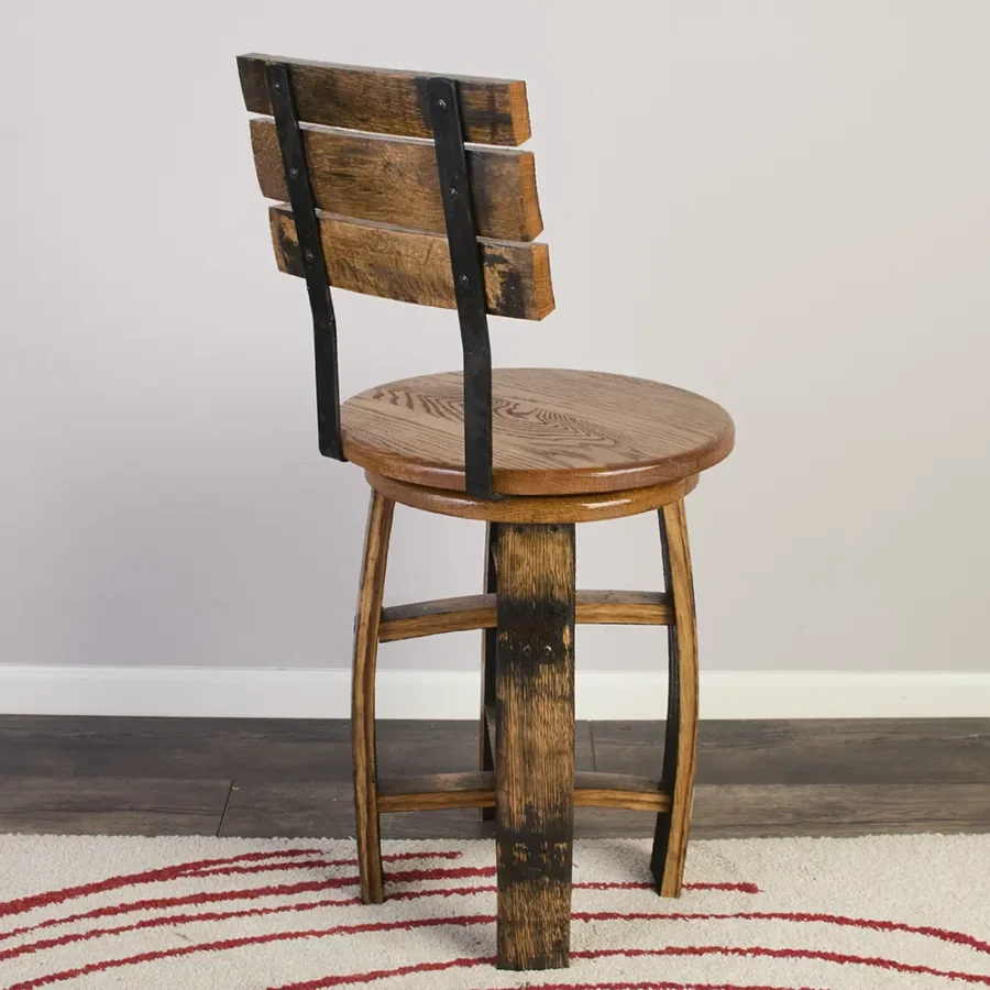 back view of barrel swivel chair with oak seat and metal backrest