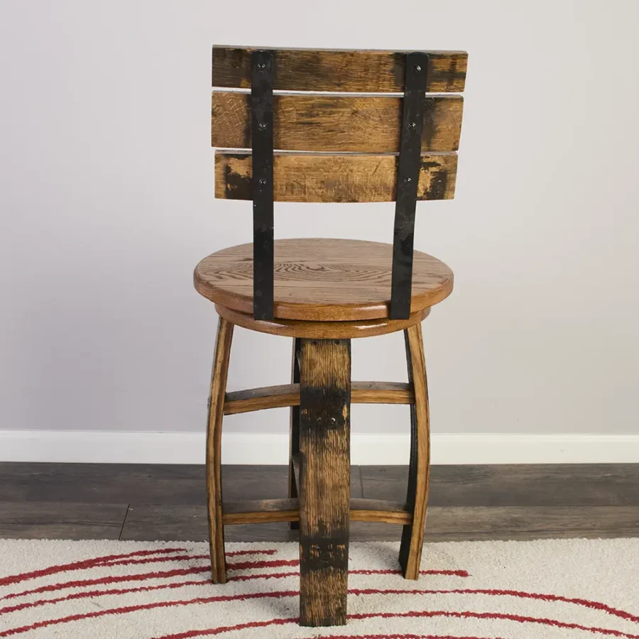 back side of barrel swivel chair with oak seat and metal backrest