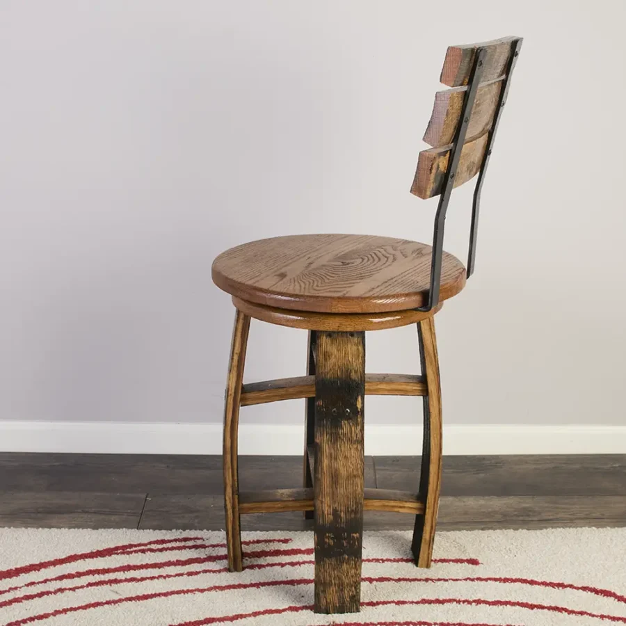 side view of barrel swivel chair with oak seat and metal backrest