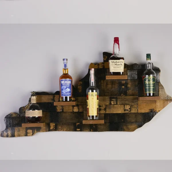 4 ft long Kentucky whiskey bottle display with bottles on shelf