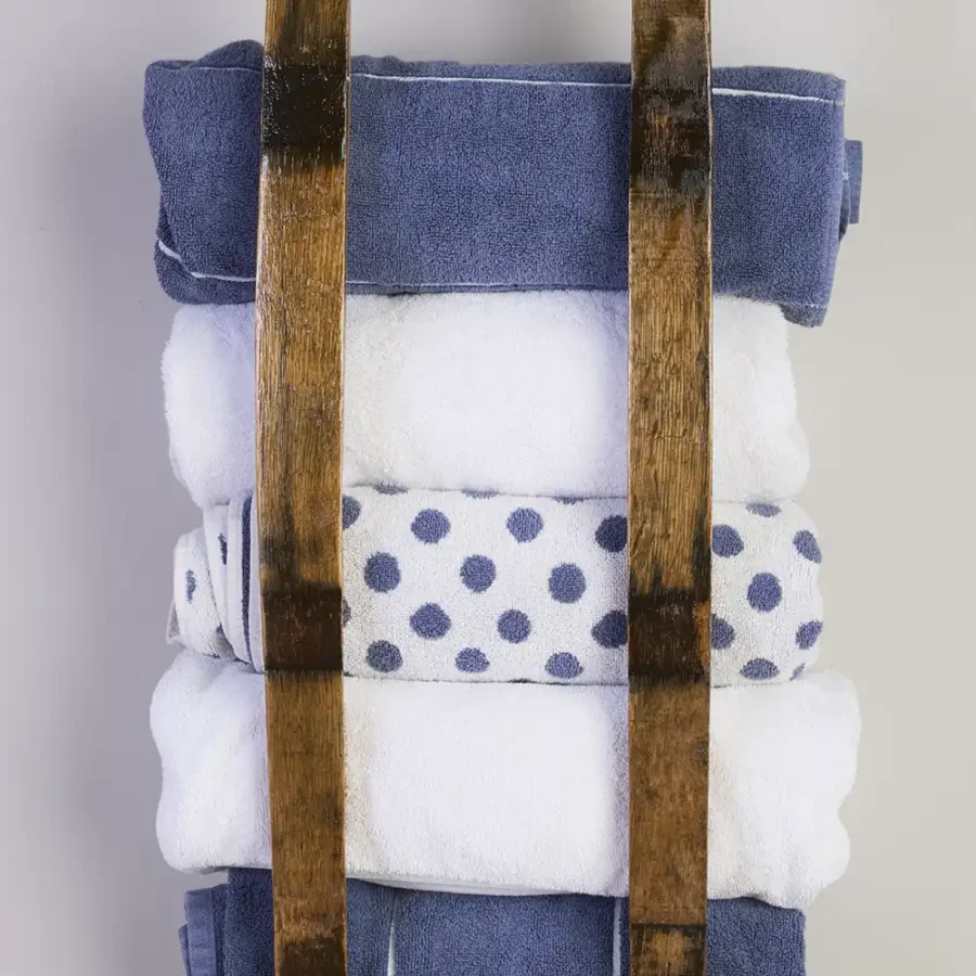 Close up of barrel stave towel rack showing details of the barrel staves